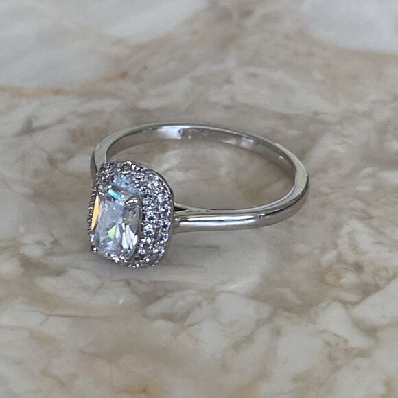 925 Sterling Silver & Cubic Zirconia Emerald Cut Halo Ring - Picture 3 of 9